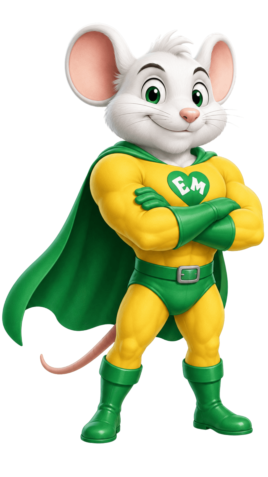 Mascote EcoMouse segurando uma folha e representando ações ambientais
